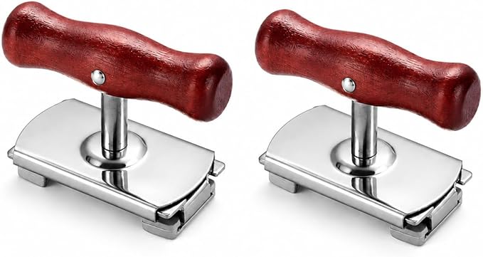 2 Pack Manual Jar Lid Opener for Jar Lids and Bottle Caps, Adjustable Stainless Steel Lid Opener Tool with Red-Brown Wood Handle, Removable Rubber Clamp Heads, Fits 0.39–4.01 in Lids