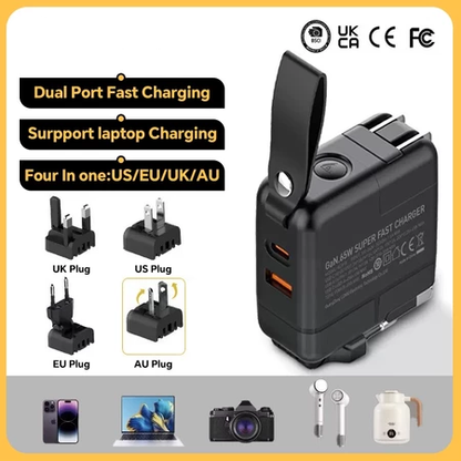 Travel Adapter 65W GaN Charger with Replaceable Plug UK/EU/US/AU Global Universal Travel Fast Charger