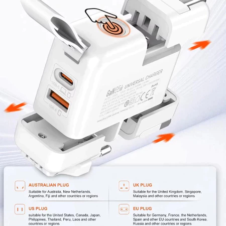 Travel Adapter 65W GaN Charger with Replaceable Plug UK/EU/US/AU Global Universal Travel Fast Charger