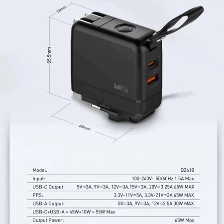 Travel Adapter 65W GaN Charger with Replaceable Plug UK/EU/US/AU Global Universal Travel Fast Charger
