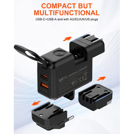Travel Adapter 65W GaN Charger with Replaceable Plug UK/EU/US/AU Global Universal Travel Fast Charger