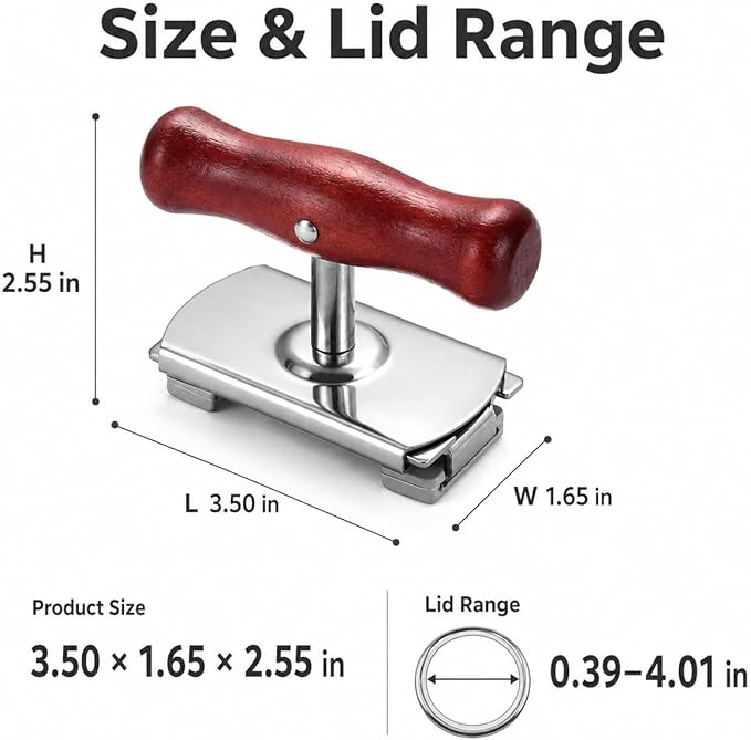 2 Pack Manual Jar Lid Opener for Jar Lids and Bottle Caps, Adjustable Stainless Steel Lid Opener Tool with Red-Brown Wood Handle, Removable Rubber Clamp Heads, Fits 0.39–4.01 in Lids