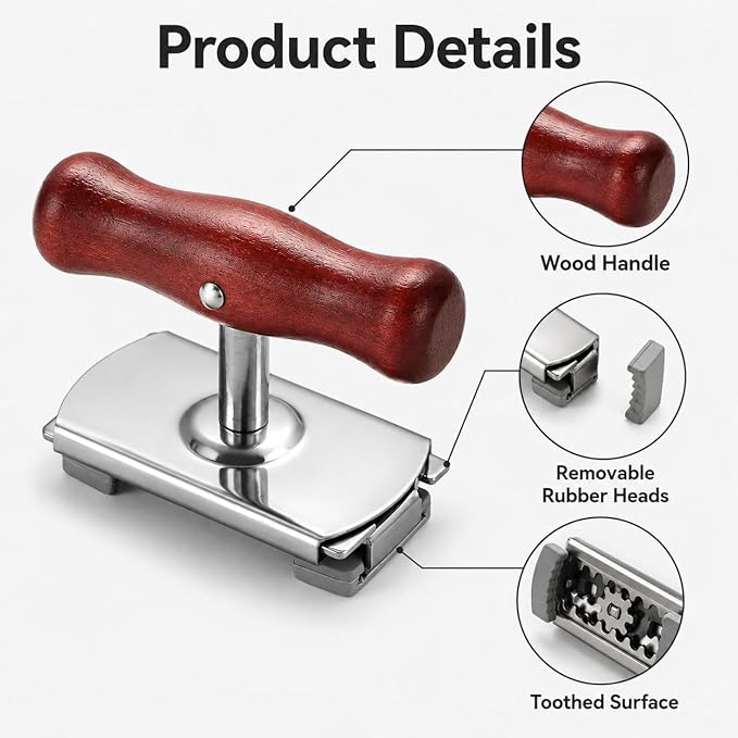 2 Pack Manual Jar Lid Opener for Jar Lids and Bottle Caps, Adjustable Stainless Steel Lid Opener Tool with Red-Brown Wood Handle, Removable Rubber Clamp Heads, Fits 0.39–4.01 in Lids