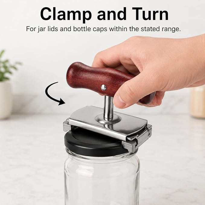 2 Pack Manual Jar Lid Opener for Jar Lids and Bottle Caps, Adjustable Stainless Steel Lid Opener Tool with Red-Brown Wood Handle, Removable Rubber Clamp Heads, Fits 0.39–4.01 in Lids