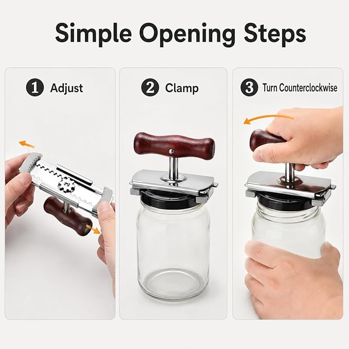 2 Pack Manual Jar Lid Opener for Jar Lids and Bottle Caps, Adjustable Stainless Steel Lid Opener Tool with Red-Brown Wood Handle, Removable Rubber Clamp Heads, Fits 0.39–4.01 in Lids