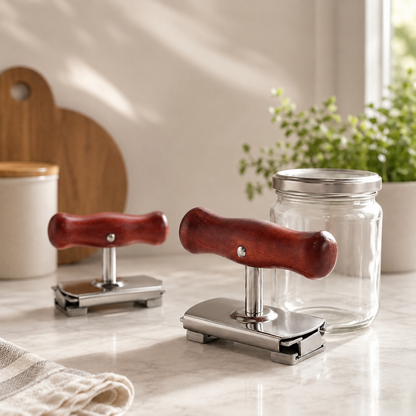 2 Pack Manual Jar Lid Opener for Jar Lids and Bottle Caps, Adjustable Stainless Steel Lid Opener Tool with Red-Brown Wood Handle, Removable Rubber Clamp Heads, Fits 0.39–4.01 in Lids
