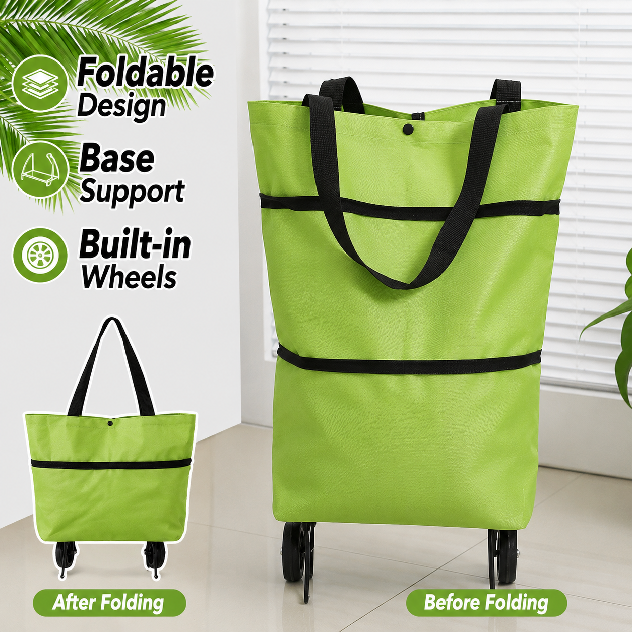 ⏳2-in-1 Foldable Shopping Cart Bag with Wheels, Reusable Grocery Tote, Large Capacity