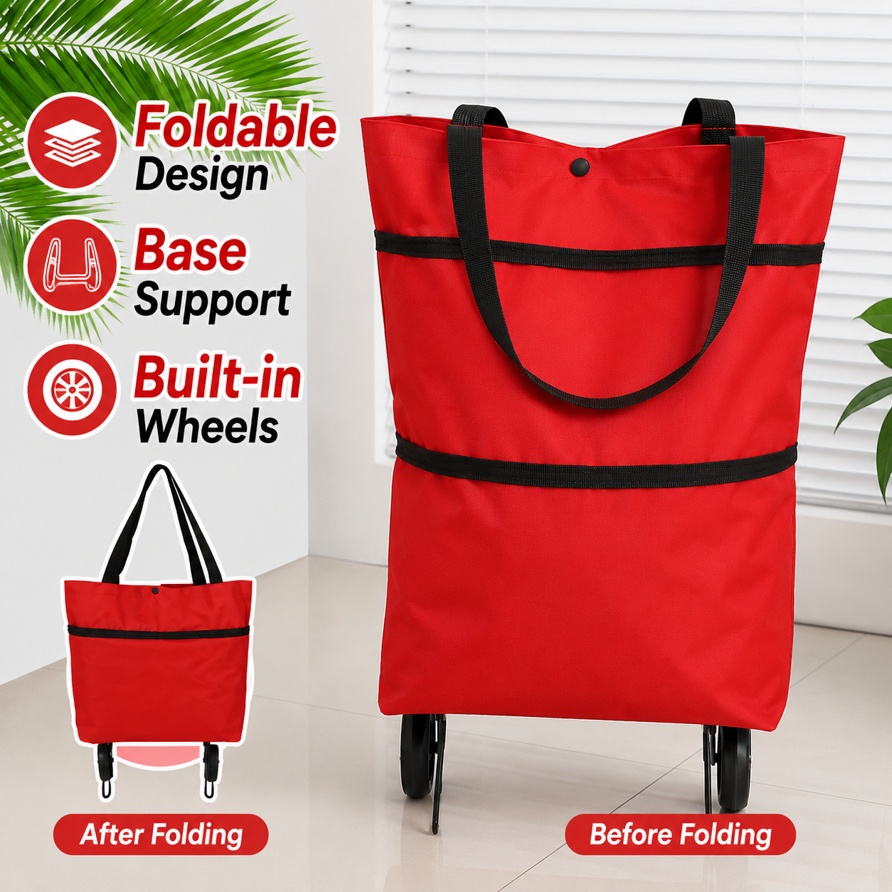 ⏳2-in-1 Foldable Shopping Cart Bag with Wheels, Reusable Grocery Tote, Large Capacity